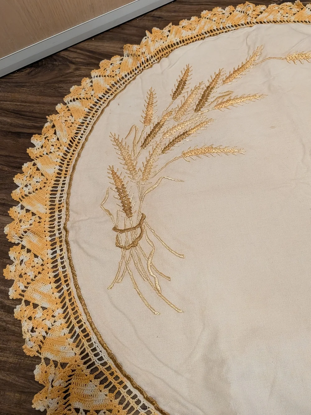 Vintage Handmade Round Wheat Embroidered Table Cloth, Gold & Yellow Crochet Edge